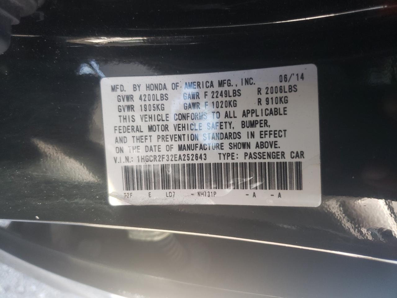Photo 10 from auction – 2014 HONDA ACCORD LX with VIN 1HGCR2F32EA252643