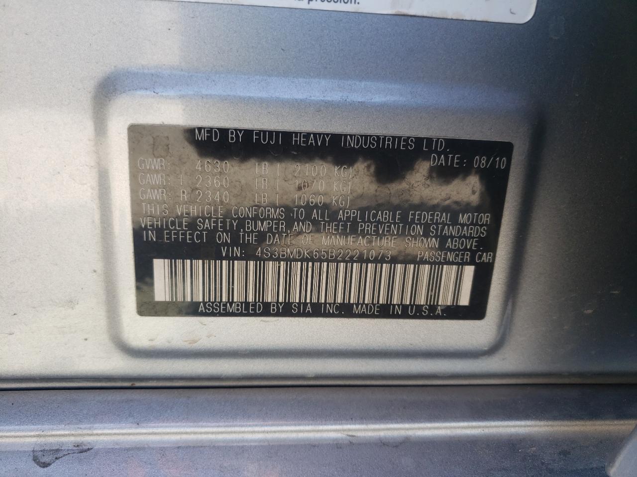 Снимка 10 от търг – 2011 SUBARU LEGACY 3.6 с VIN 4S3BMDK65B2221073