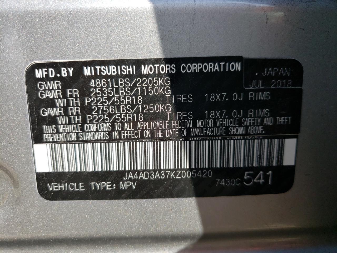 Photo 10 from auction – 2019 MITSUBISHI OUTLANDER with VIN JA4AD3A37KZ005420