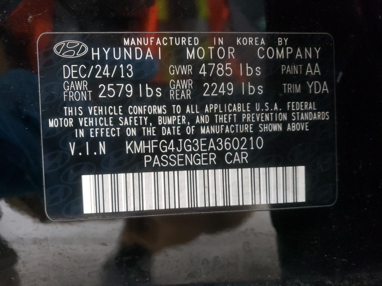 Photo 10 from auction – 2014 HYUNDAI AZERA with VIN KMHFG4JG3EA360210