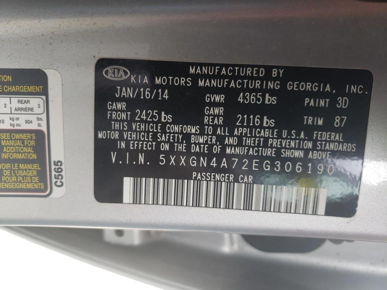 Photo 10 from auction – 2014 KIA OPTIMA EX with VIN 5XXGN4A72EG306190