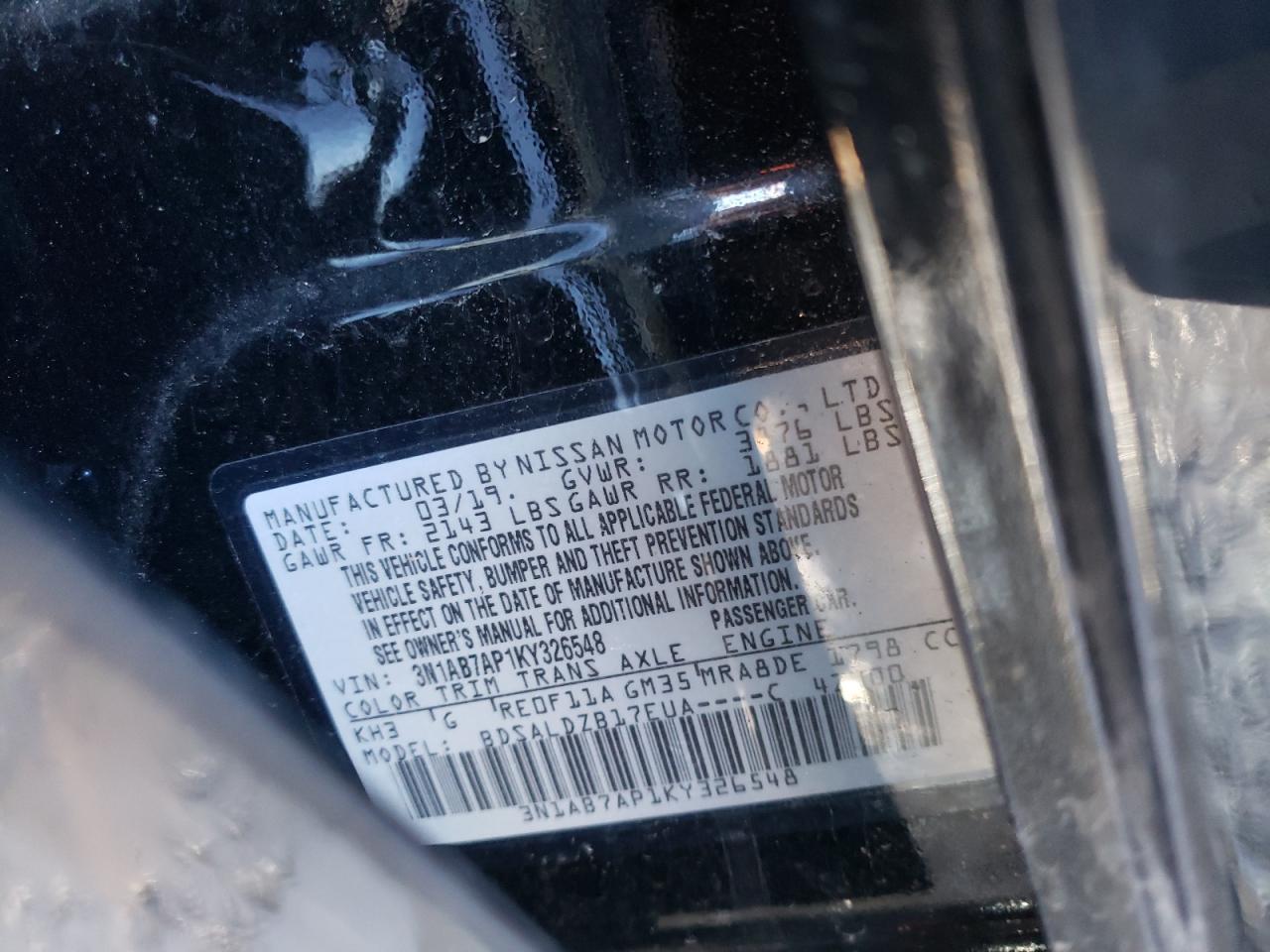 Photo 10 from auction – 2019 NISSAN SENTRA S with VIN 3N1AB7AP1KY326548