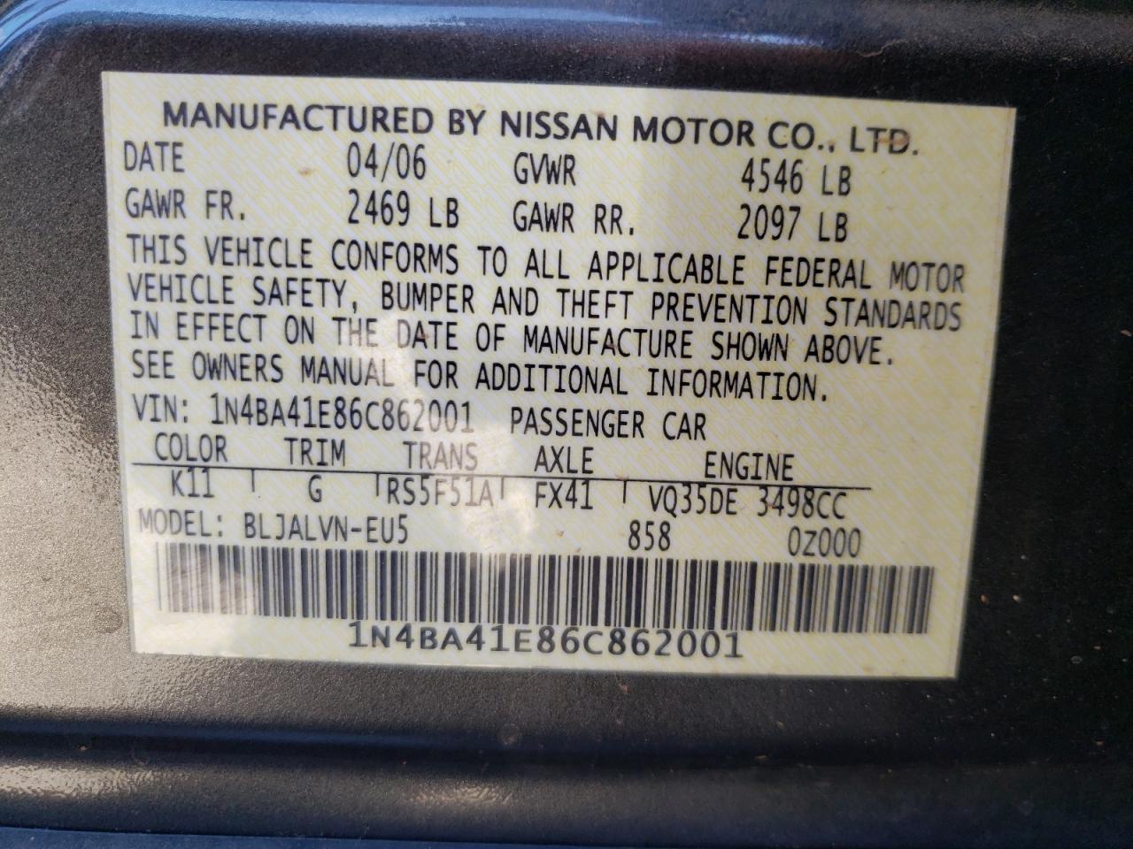 Photo 10 from auction – 2006 NISSAN MAXIMA SE with VIN 1N4BA41E86C862001