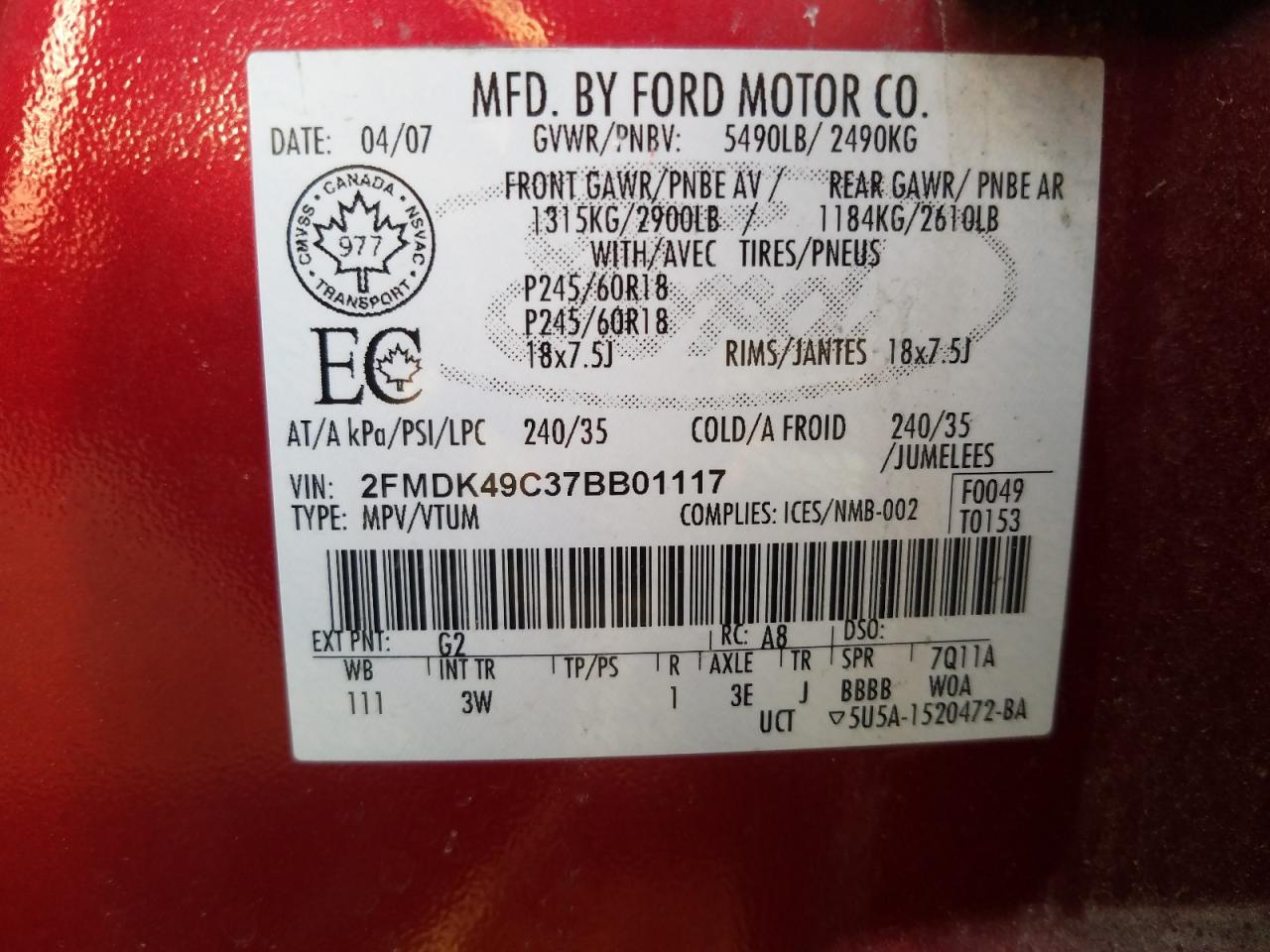 Photo 10 from auction – 2007 FORD EDGE SEL P with VIN 2FMDK49C37BB01117