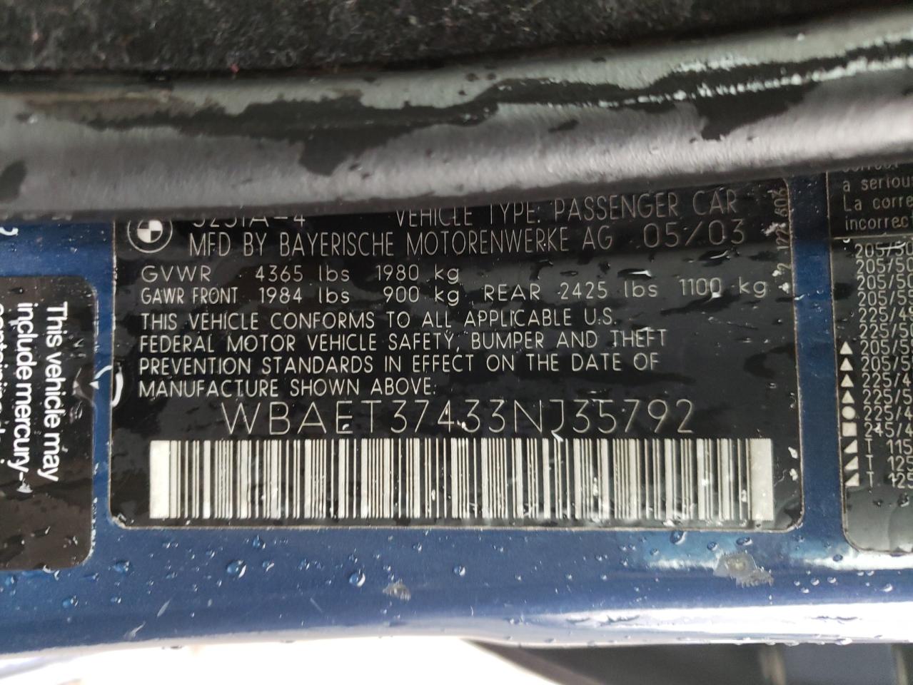 Photo 10 from auction – 2003 BMW 325I with VIN WBAET37433NJ35792