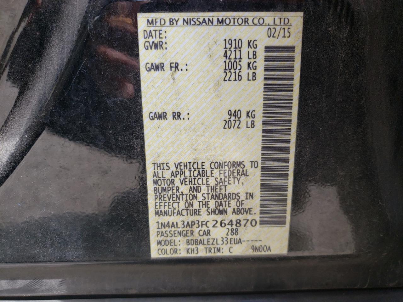 Photo 10 from auction – 2015 NISSAN ALTIMA 2.5 with VIN 1N4AL3AP3FC264870