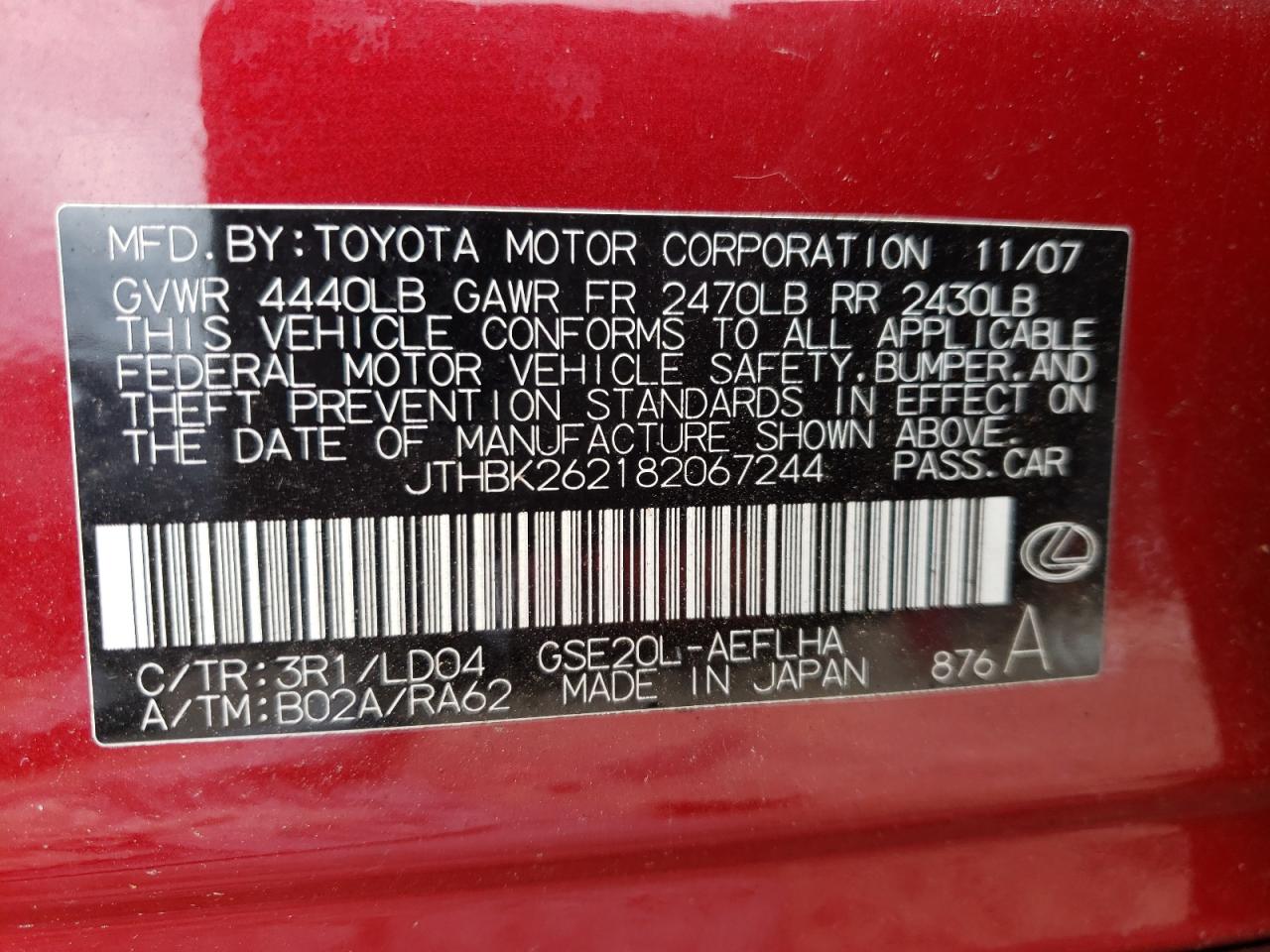 Photo 10 from auction – 2008 LEXUS IS 250 with VIN JTHBK262182067244