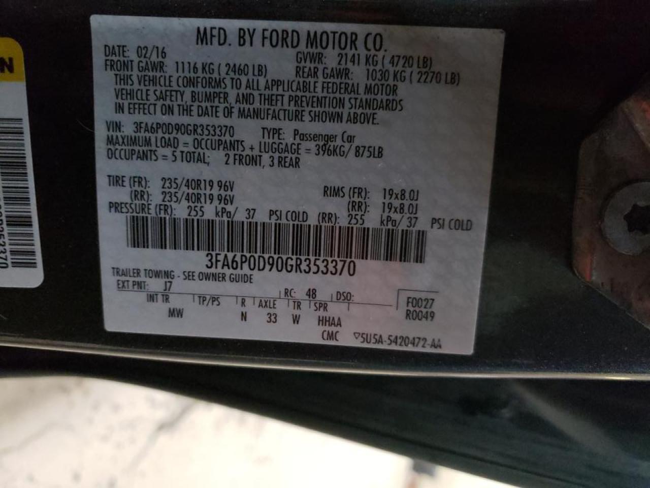 Photo 10 from auction – 2016 FORD FUSION TIT with VIN 3FA6P0D90GR353370