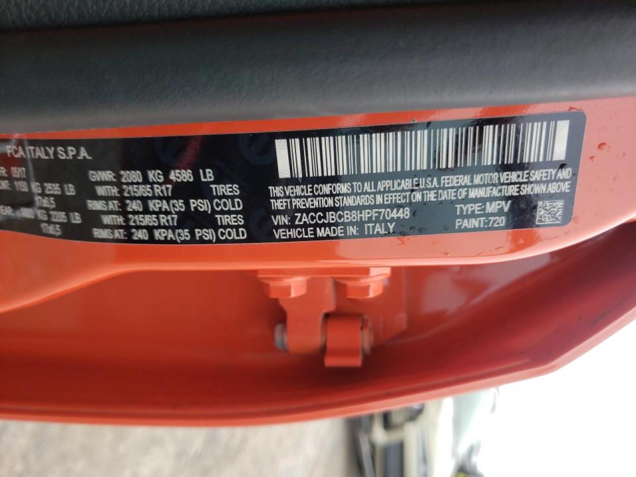 Photo 10 from auction – 2017 JEEP RENEGADE T with VIN ZACCJBCB8HPF70448