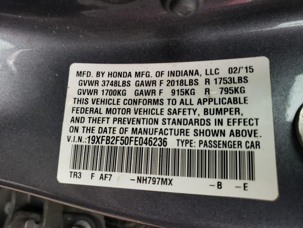 Photo 10 from auction – 2015 HONDA CIVIC LX with VIN 19XFB2F50FE046236