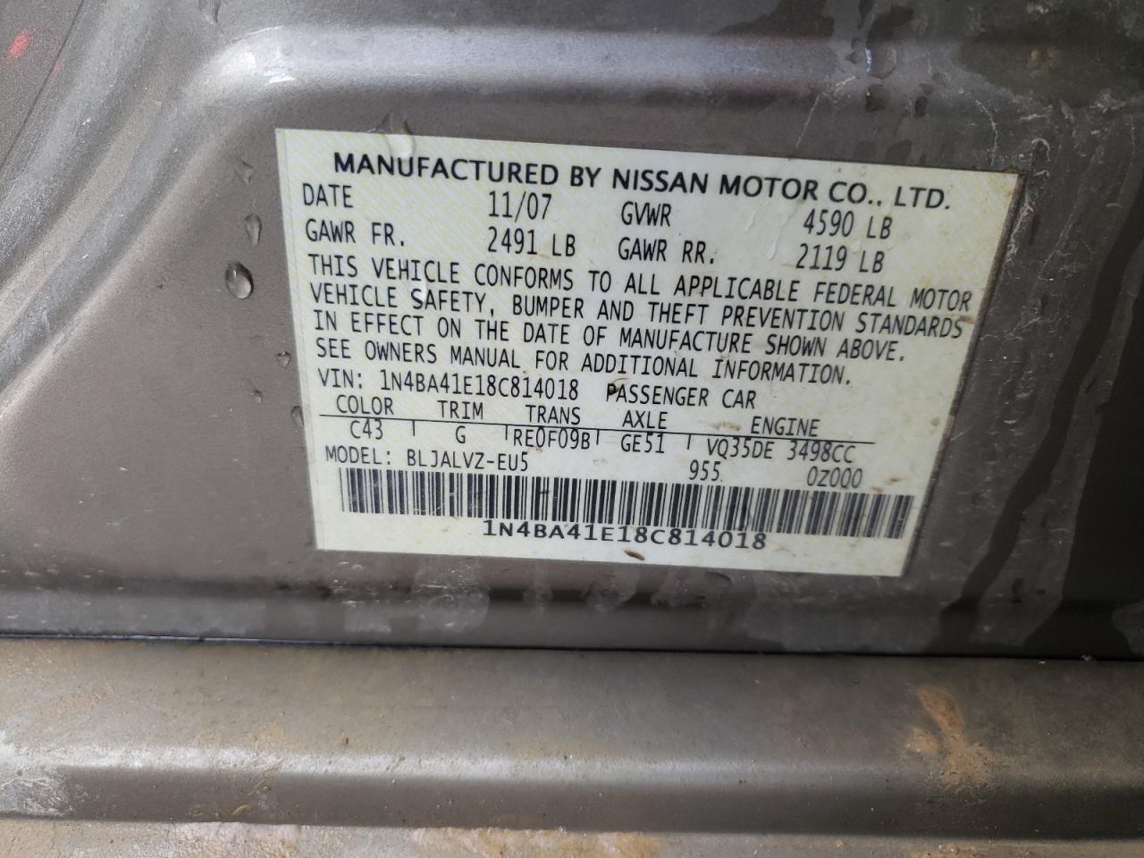 Photo 10 from auction – 2008 NISSAN MAXIMA SE with VIN 1N4BA41E18C814018