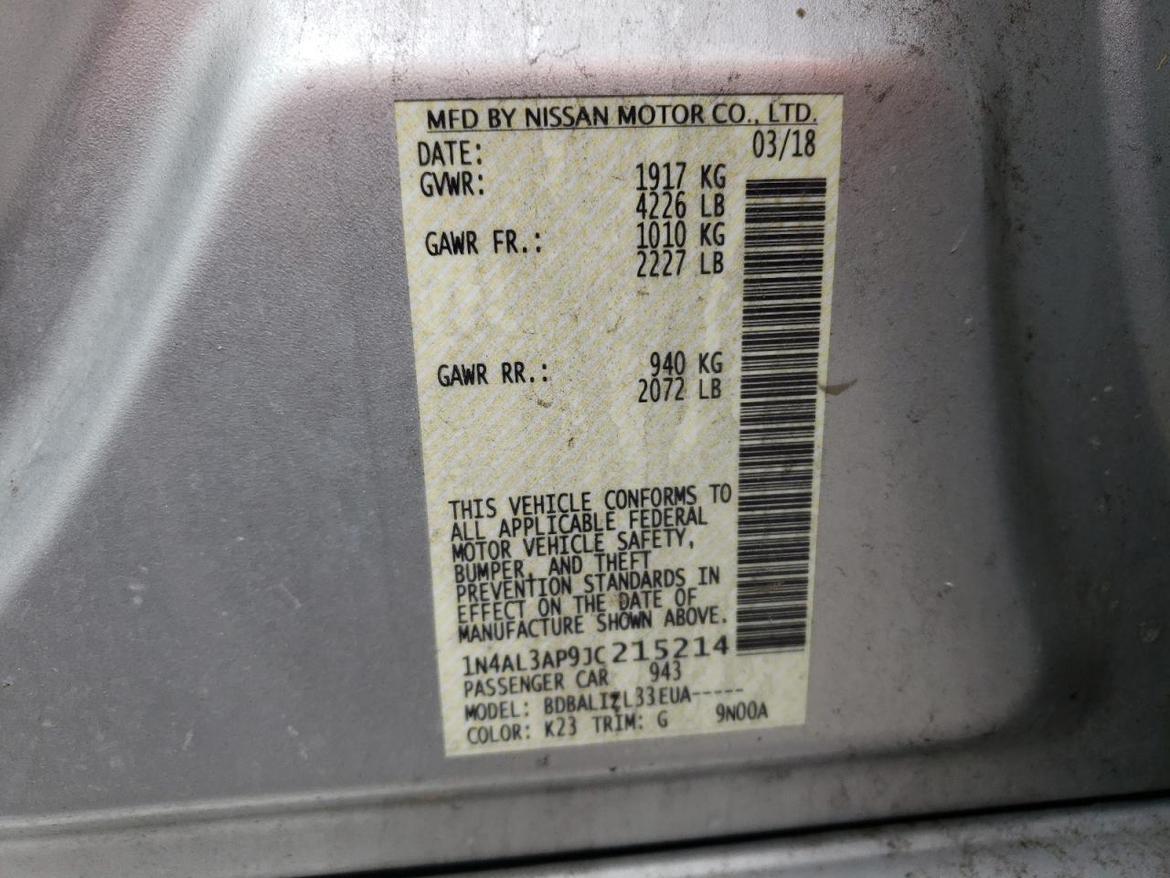 Photo 10 from auction – 2018 NISSAN ALTIMA 2.5 with VIN 1N4AL3AP9JC215214