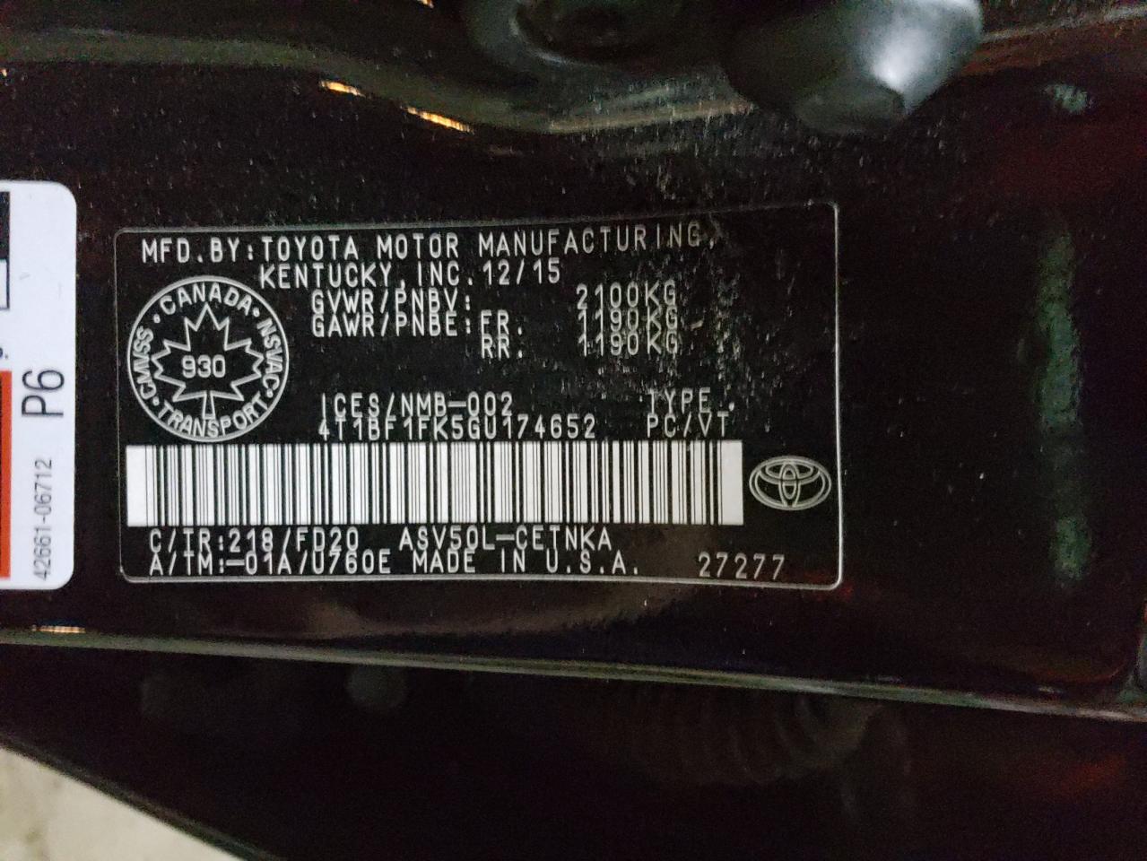 Photo 10 from auction – 2016 TOYOTA CAMRY LE with VIN 4T1BF1FK5GU174652