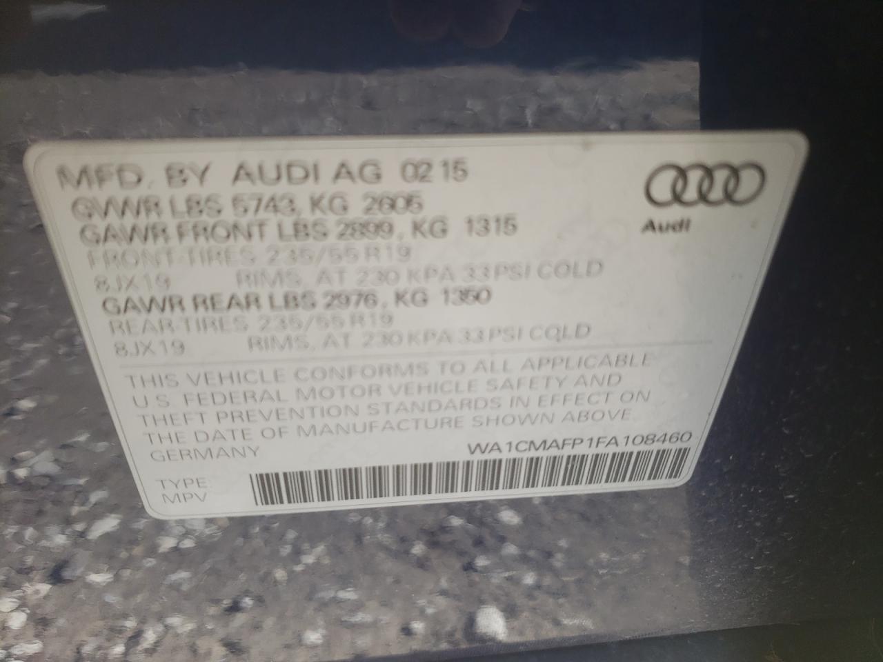 Photo 10 from auction – 2015 AUDI Q5 TDI PRE with VIN WA1CMAFP1FA108460