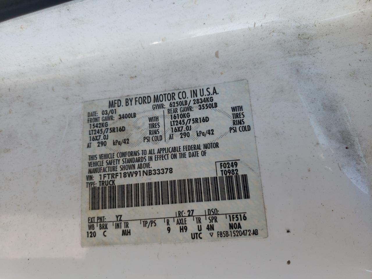 صورة رقم 10 من المزاد - 2001 FORD F150 مع VIN 1FTRF18W91NB33378