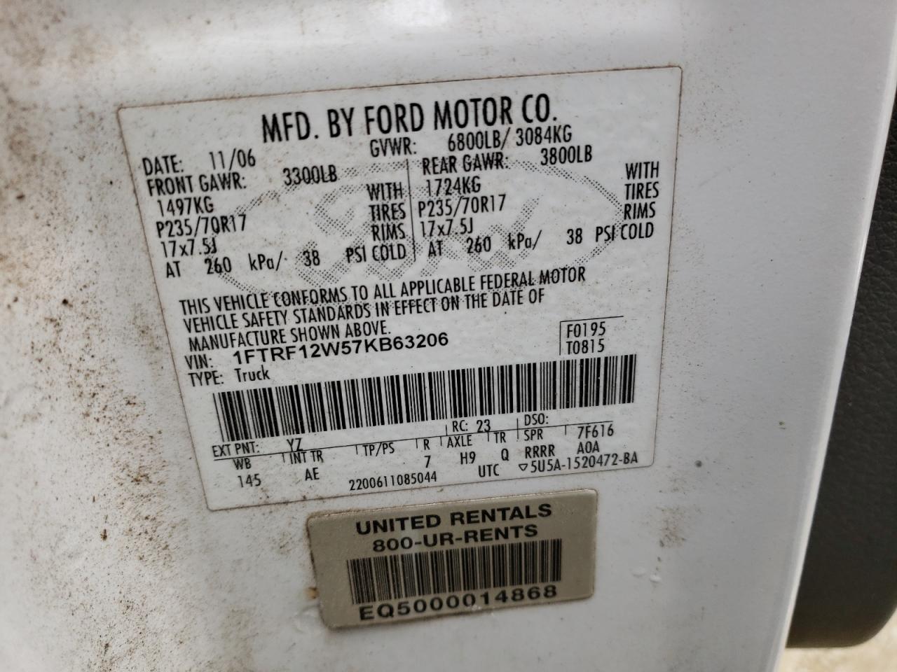 Photo 10 from auction – 2007 FORD F150 with VIN 1FTRF12W57KB63206