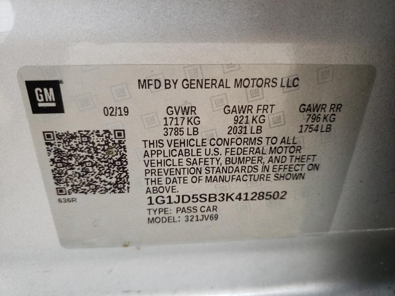Photo 10 from auction – 2019 CHEVROLET SONIC LT with VIN 1G1JD5SB3K4128502