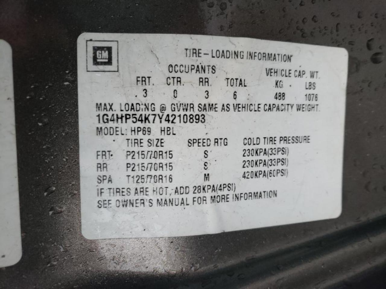 Photo 10 from auction – 2000 BUICK LESABRE with VIN 1G4HP54K7Y4210893