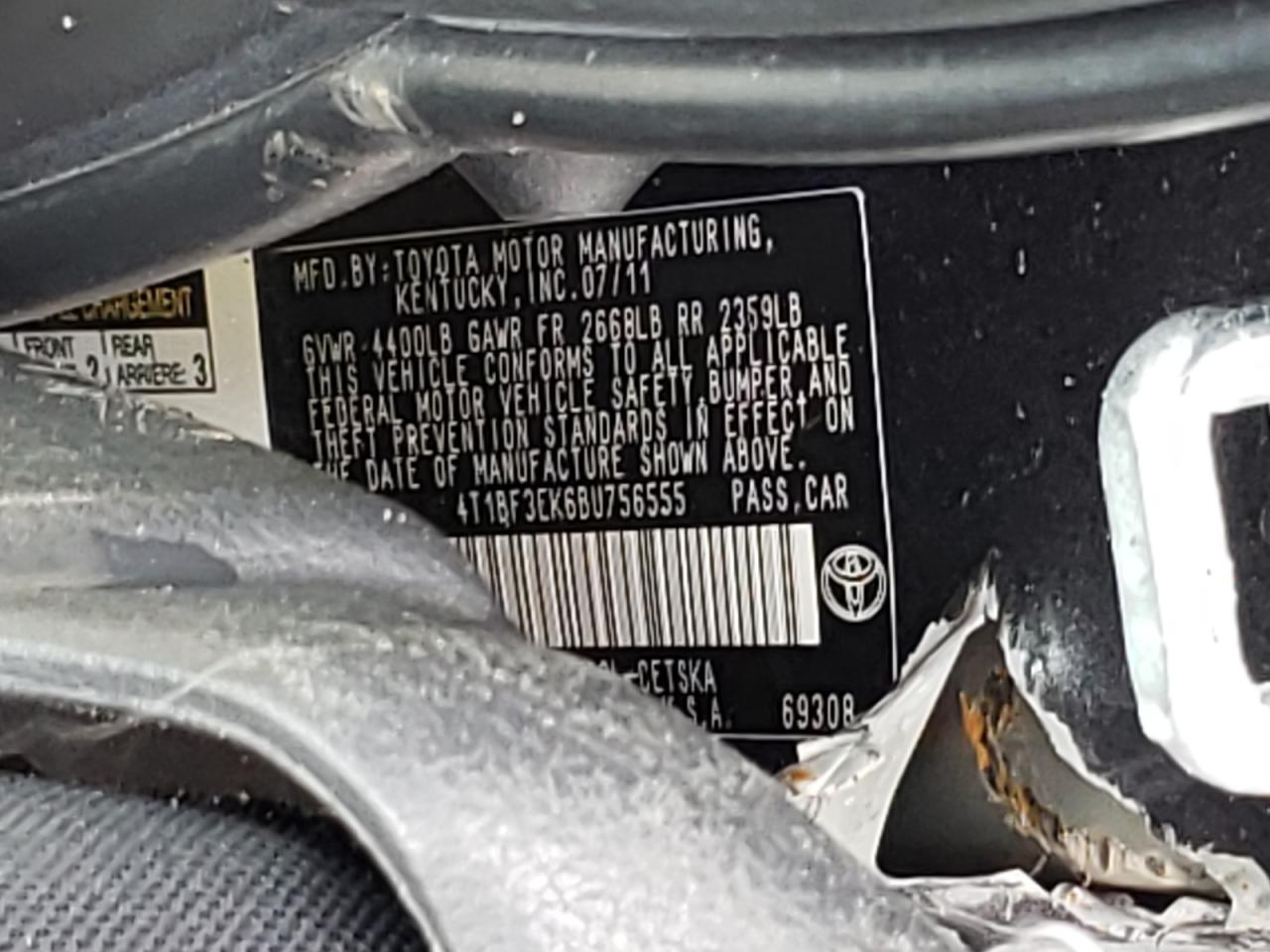 Photo 10 from auction – 2011 TOYOTA CAMRY BASE with VIN 4T1BF3EK6BU756555