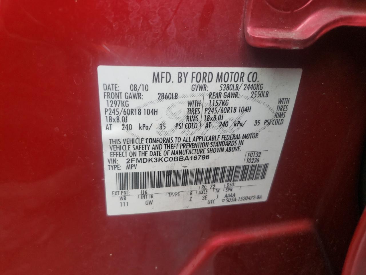 Photo 10 from auction – 2011 FORD EDGE LIMIT with VIN 2FMDK3KC0BBA16796