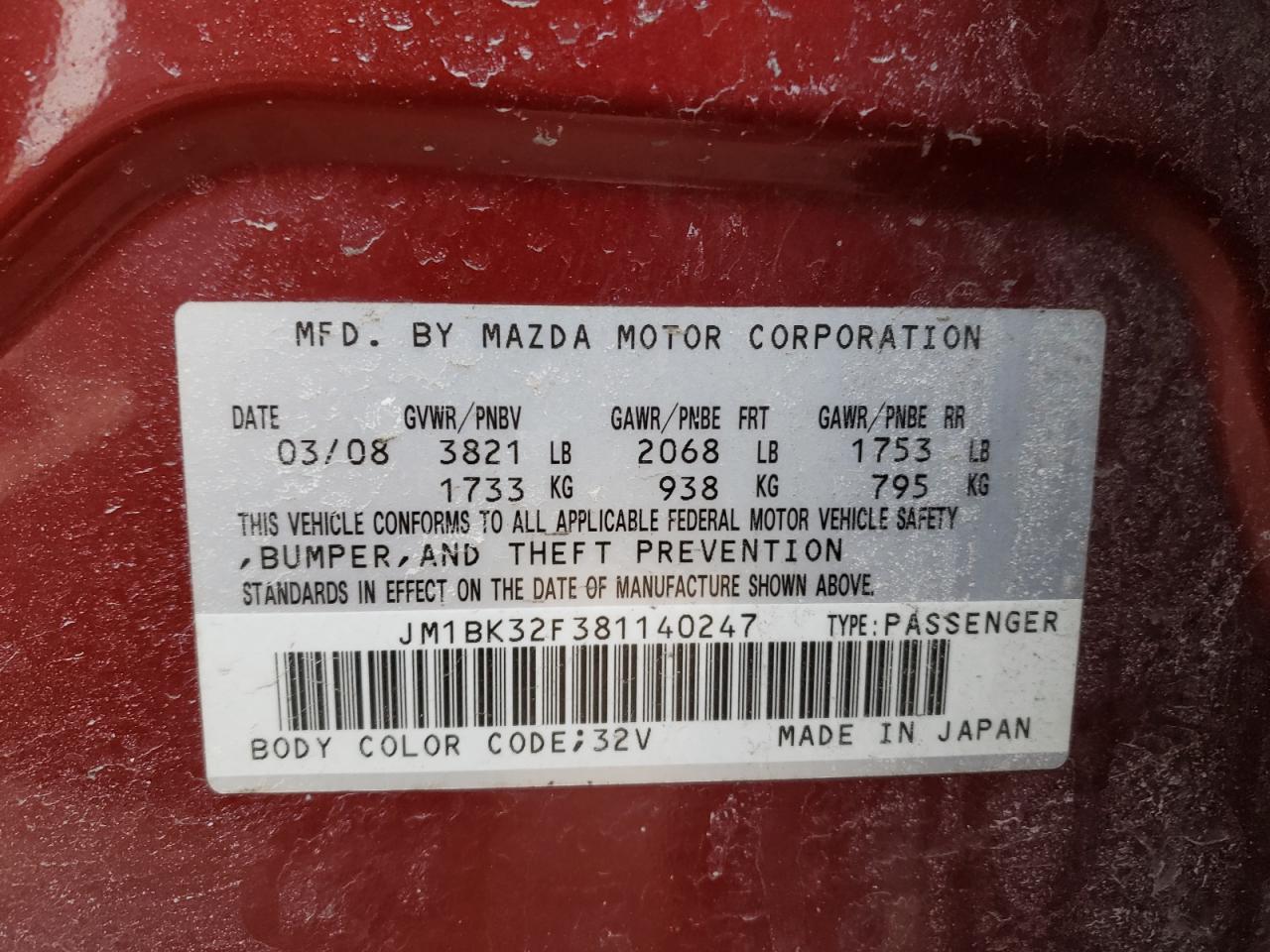 Photo 10 from auction – 2008 MAZDA 3 I with VIN JM1BK32F381140247
