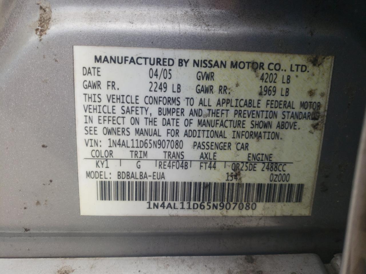 Photo 10 from auction – 2005 NISSAN ALTIMA S with VIN 1N4AL11D65N907080
