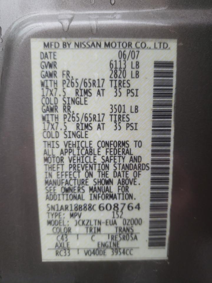Photo 10 from auction – 2008 NISSAN PATHFINDER with VIN 5N1AR18B88C608764