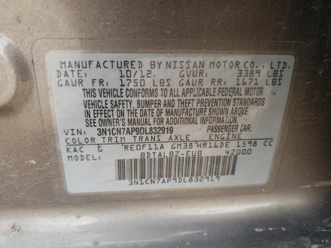 Photo 10 from auction – 2013 NISSAN VERSA with VIN 3N1CN7AP9DL832919