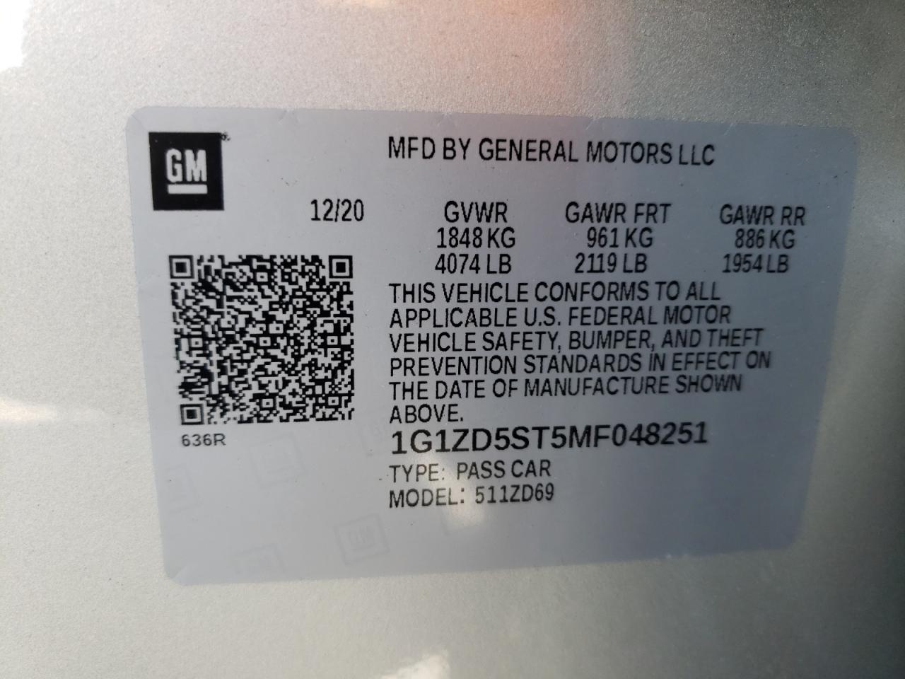 Photo 10 from auction – 2021 CHEVROLET MALIBU LT with VIN 1G1ZD5ST5MF048251
