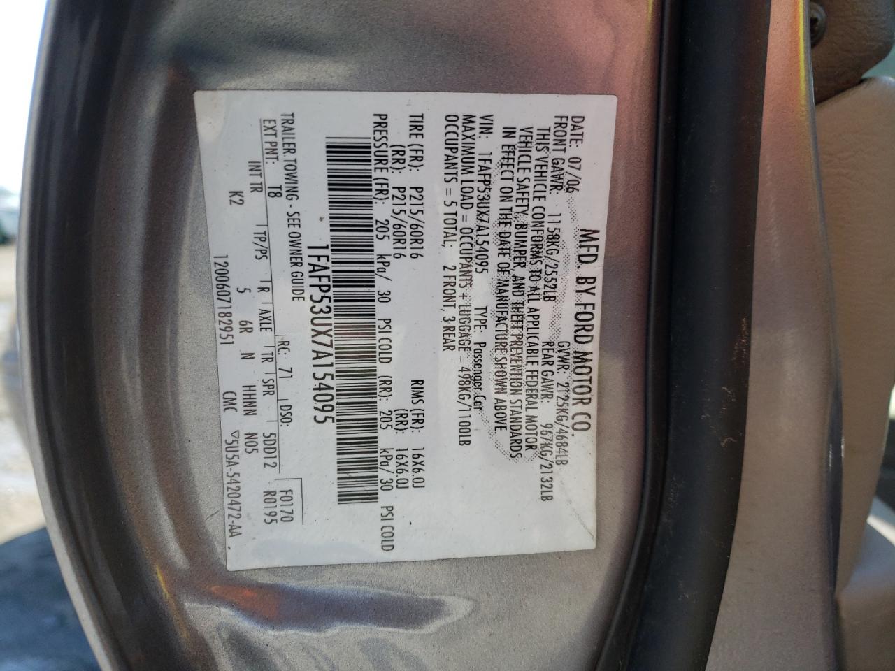 Photo 10 from auction – 2007 FORD TAURUS SE with VIN 1FAFP53UX7A154095