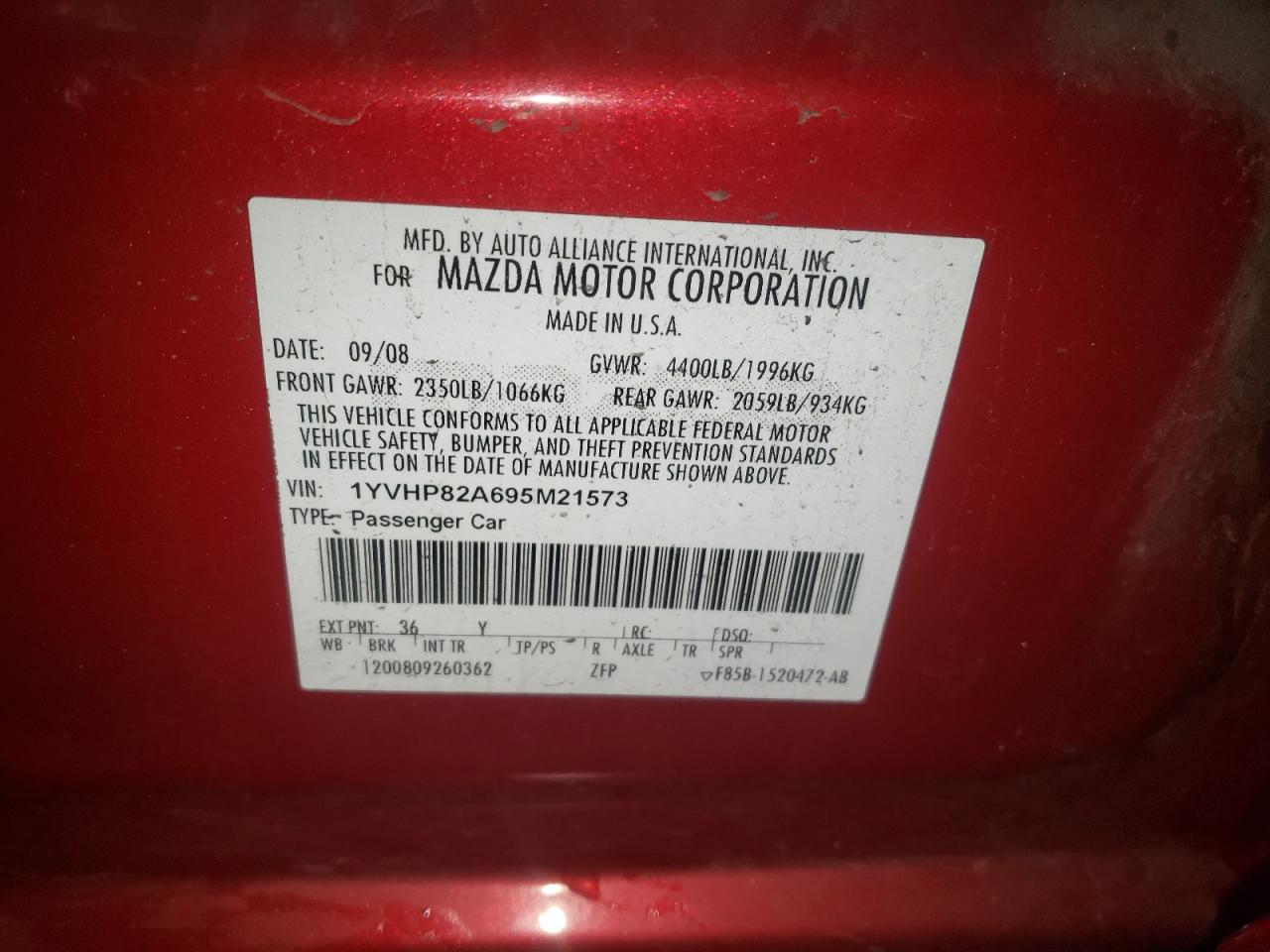 Photo 10 from auction – 2009 MAZDA 6 I with VIN 1YVHP82A695M21573