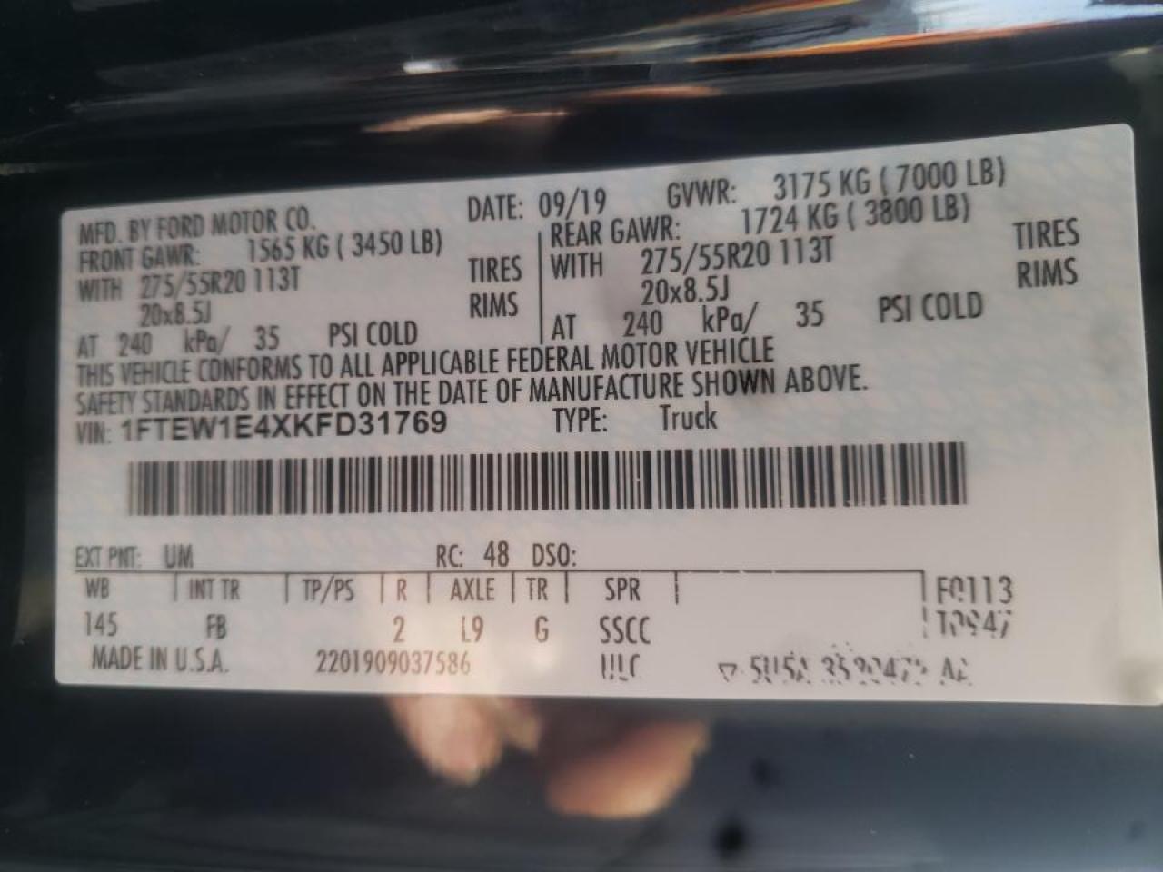 Photo 10 from auction – 2019 FORD F150 SUPER with VIN 1FTEW1E4XKFD31769