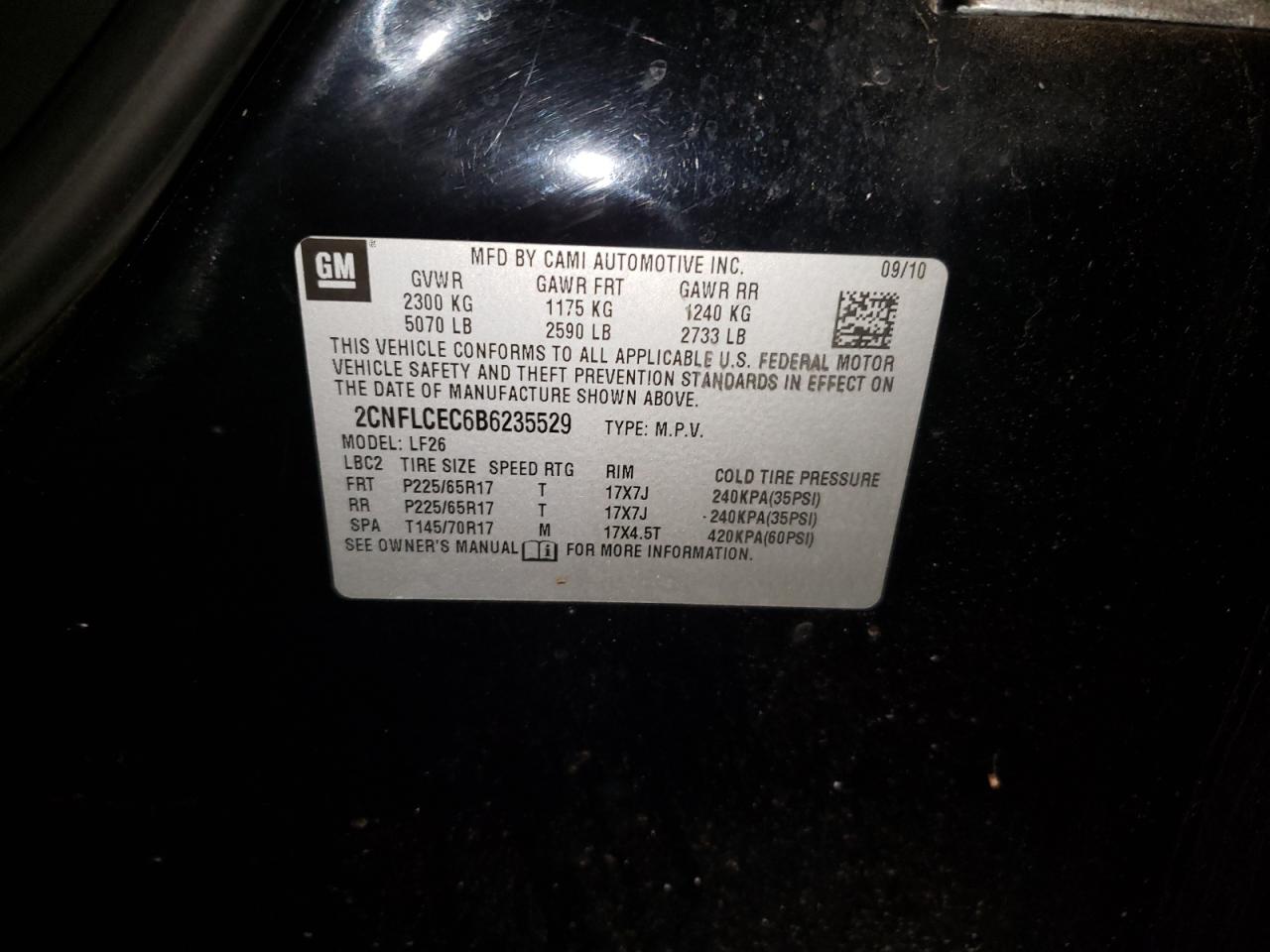 Photo 10 from auction – 2011 CHEVROLET EQUINOX LS with VIN 2CNFLCEC6B6235529