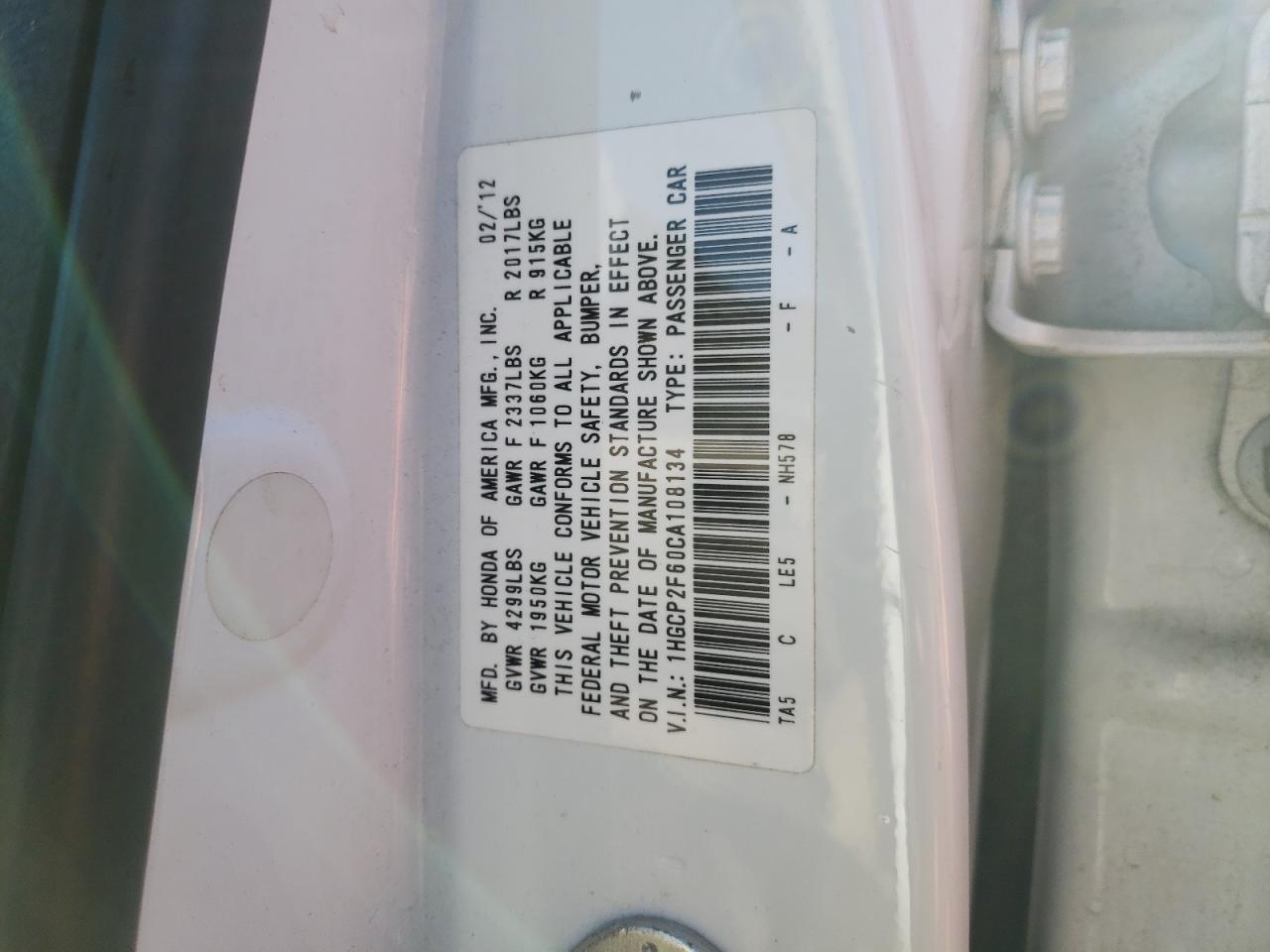 Photo 10 from auction – 2012 HONDA ACCORD SE with VIN 1HGCP2F60CA108134