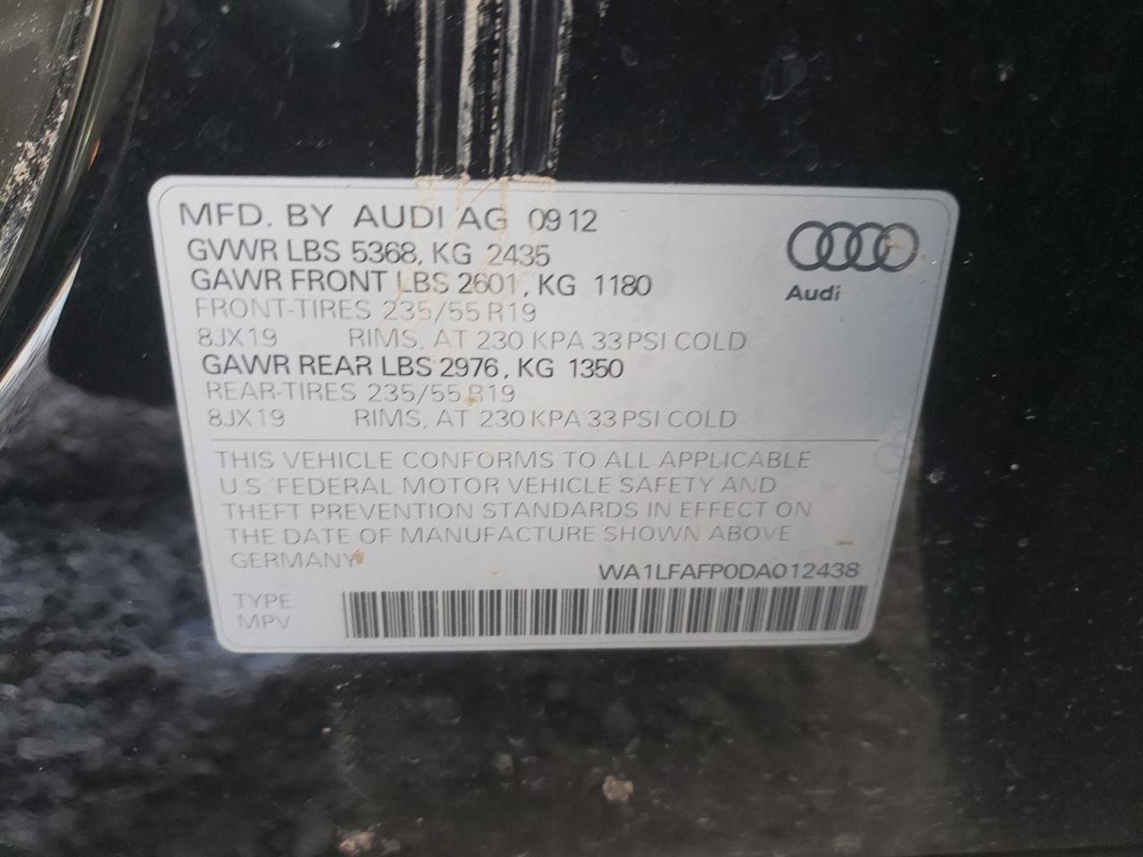 Photo 10 from auction – 2013 AUDI Q5 PREMIUM with VIN WA1LFAFP0DA012438