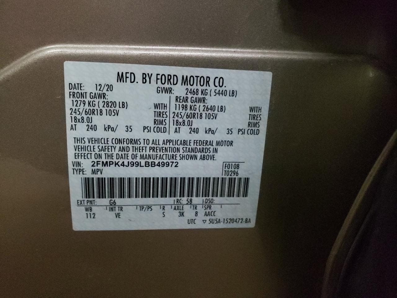 Photo 10 from auction – 2020 FORD EDGE SEL with VIN 2FMPK4J99LBB49972