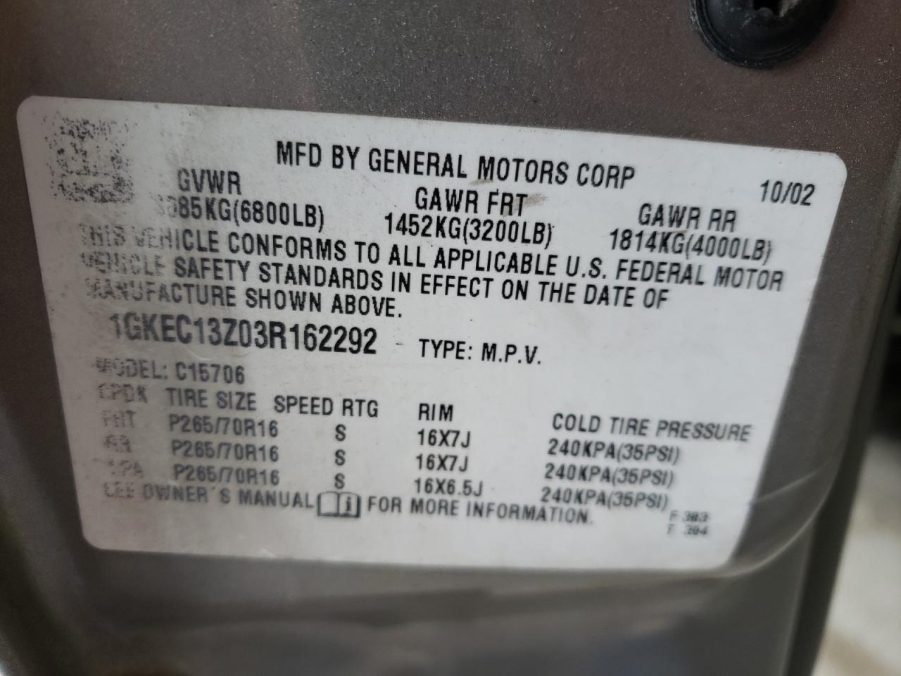 Photo 10 from auction – 2003 GMC YUKON with VIN 1GKEC13Z03R162292