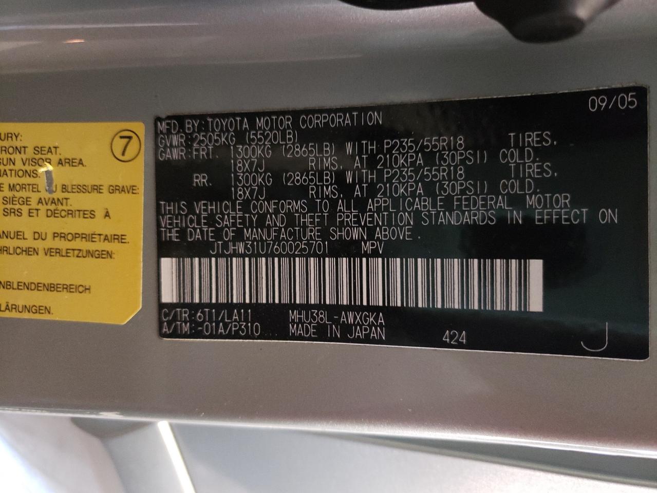 Photo 10 from auction – 2006 LEXUS RX 400 with VIN JTJHW31U760025701