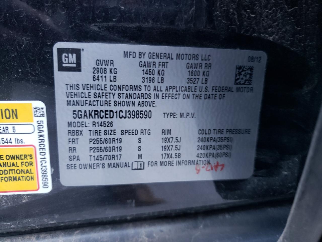 Photo 10 from auction – 2012 BUICK ENCLAVE with VIN 5GAKRCED1CJ398590