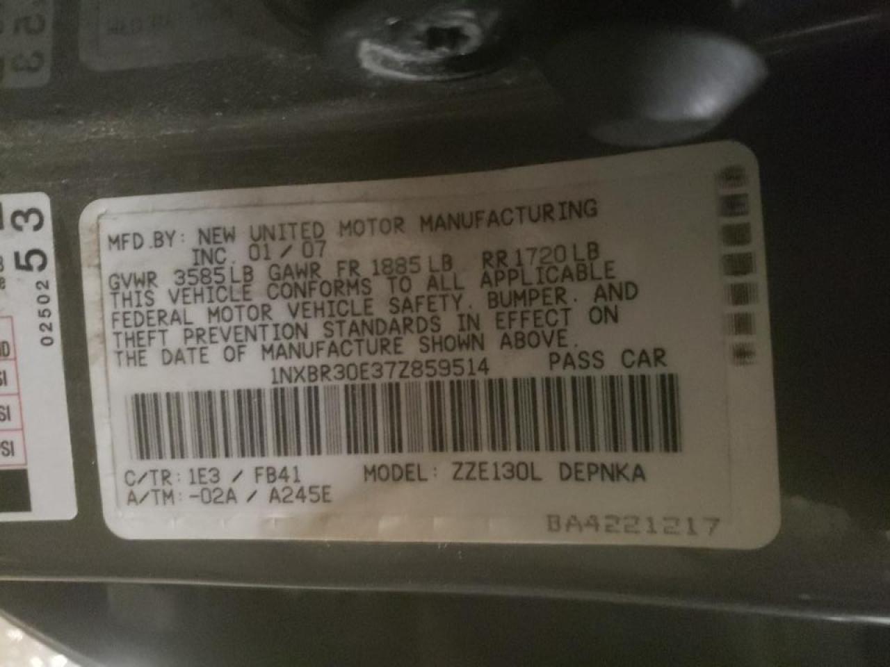Photo 10 from auction – 2007 TOYOTA COROLLA CE with VIN 1NXBR30E37Z859514