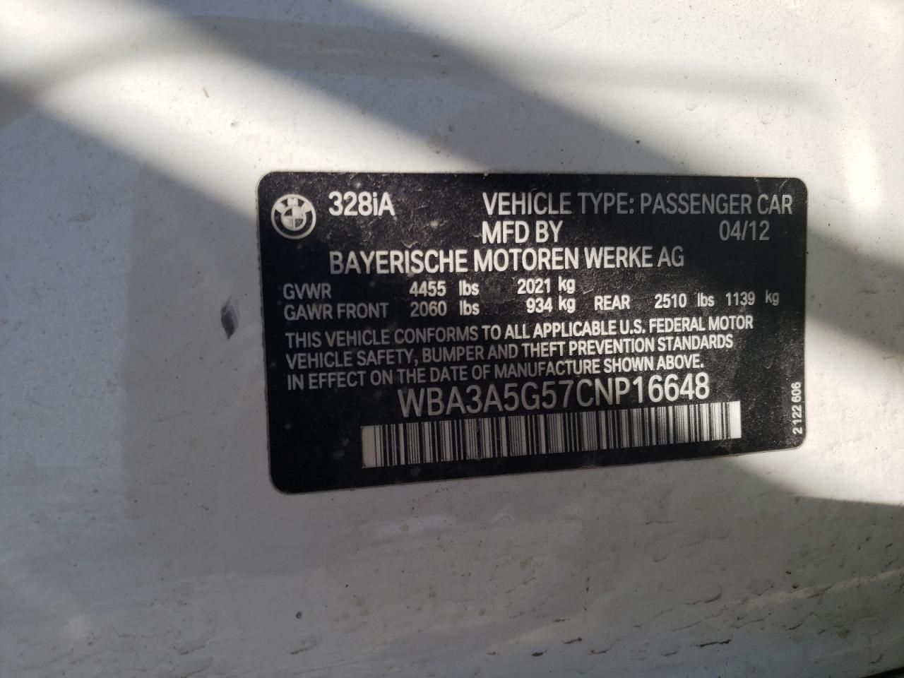 Photo 10 from auction – 2012 BMW 328 I with VIN WBA3A5G57CNP16648