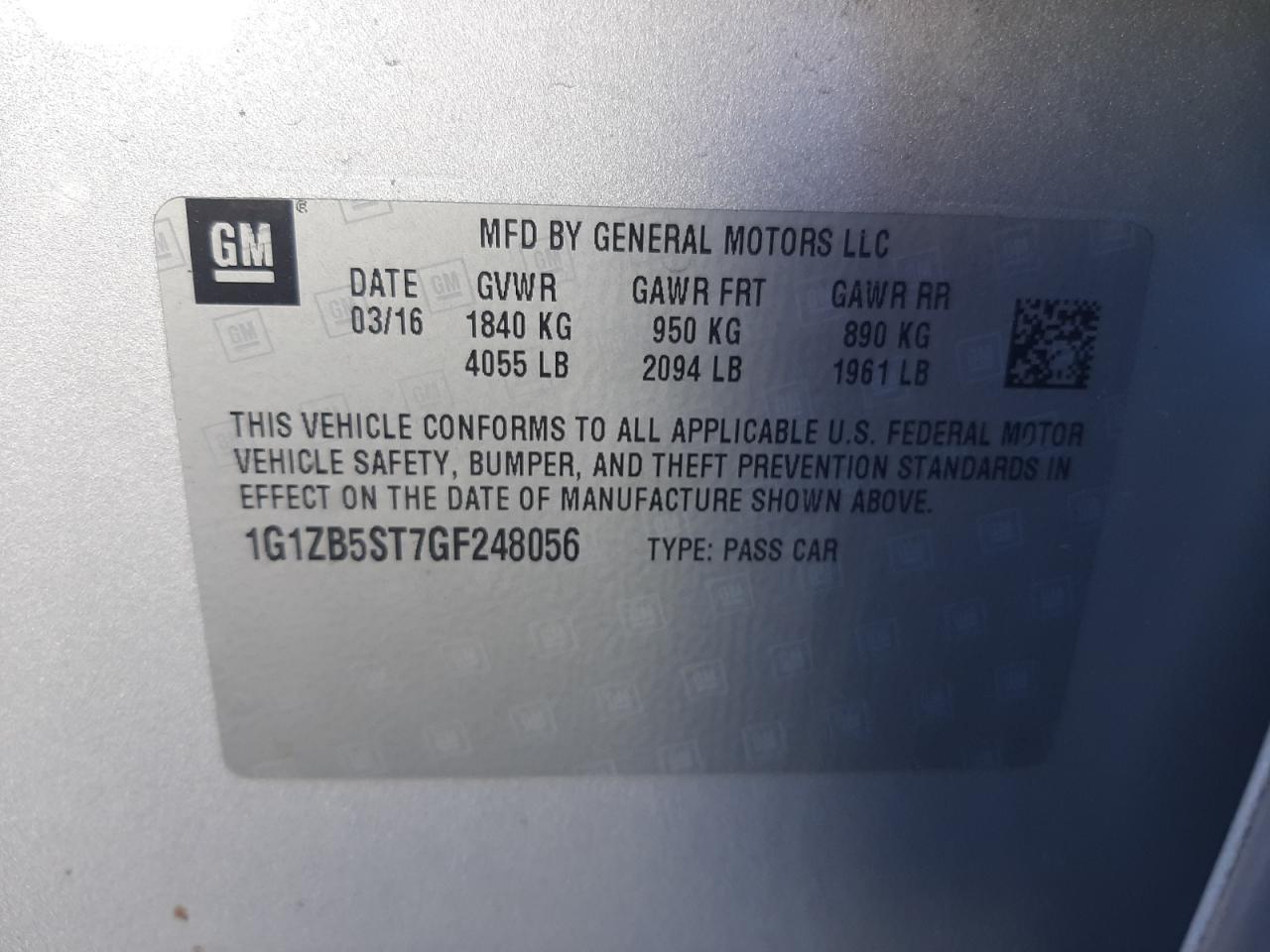 Photo 10 from auction – 2016 CHEVROLET MALIBU LS with VIN 1G1ZB5ST7GF248056