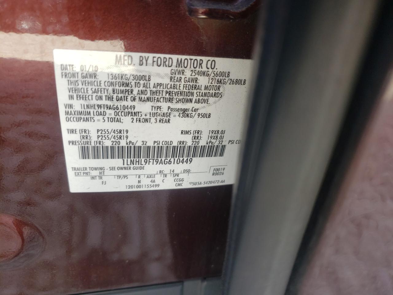 Photo 10 from auction – 2010 LINCOLN MKS with VIN 1LNHL9FT9AG610449