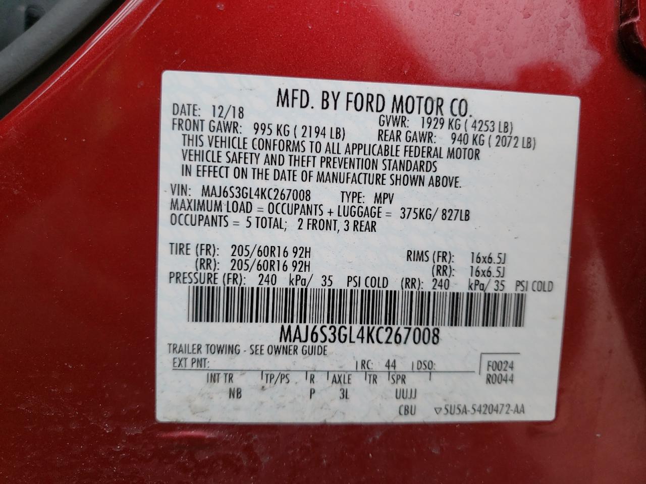 Photo 10 from auction – 2019 FORD ECOSPORT S with VIN MAJ6S3GL4KC267008