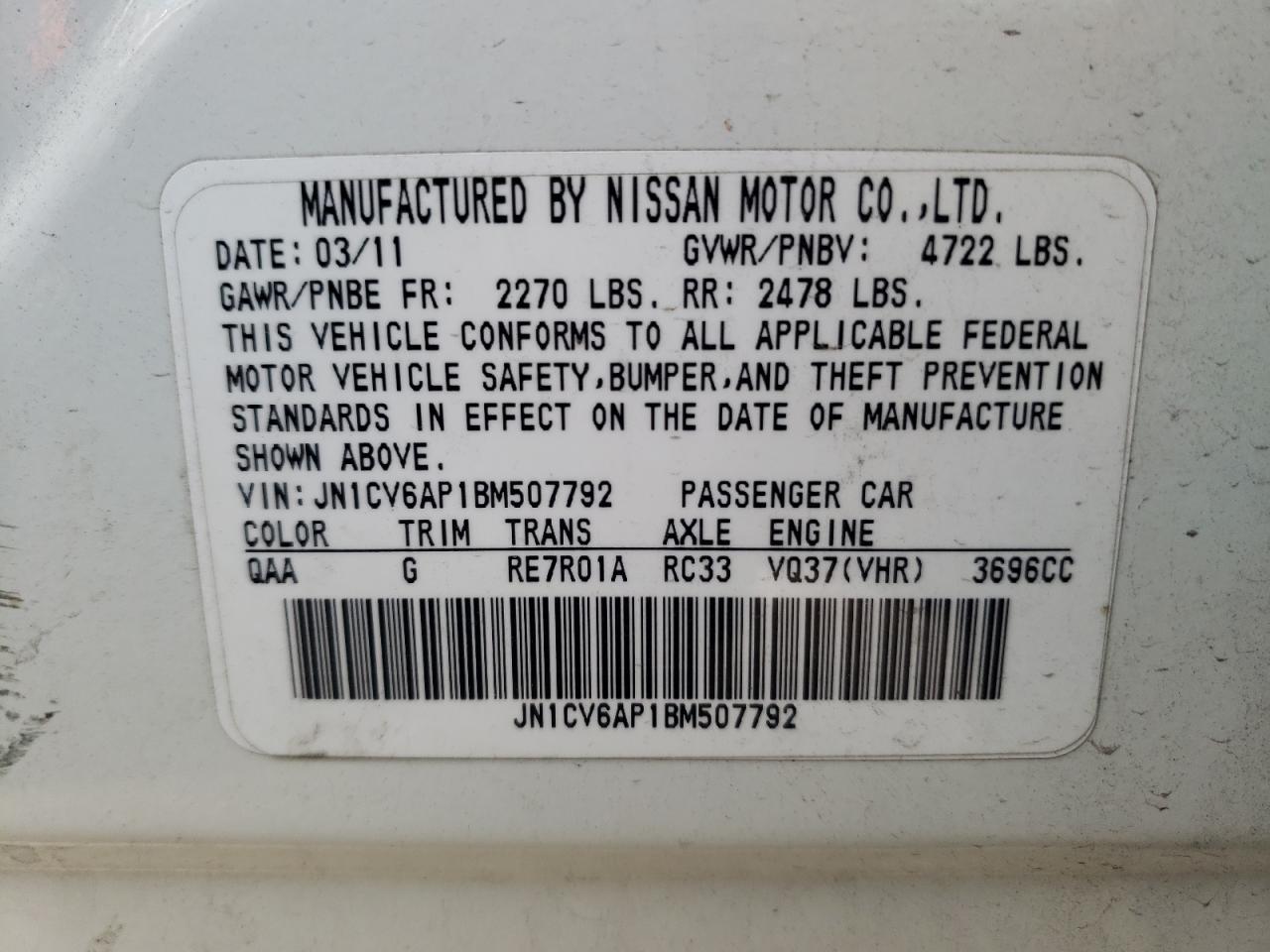 Photo 10 from auction – 2011 INFINITI G37 BASE with VIN JN1CV6AP1BM507792