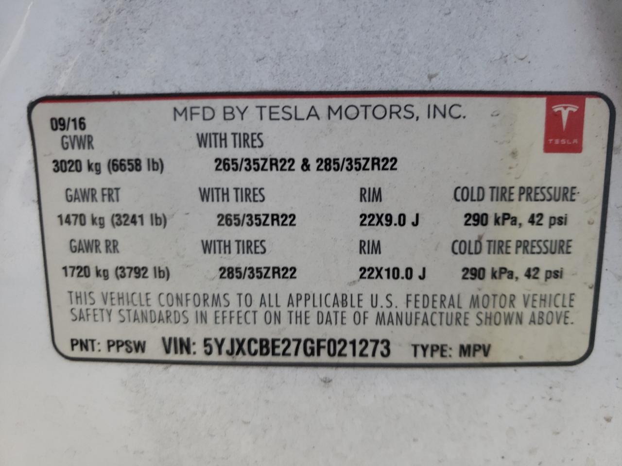 Photo 10 from auction – 2016 TESLA MODEL X with VIN 5YJXCBE27GF021273