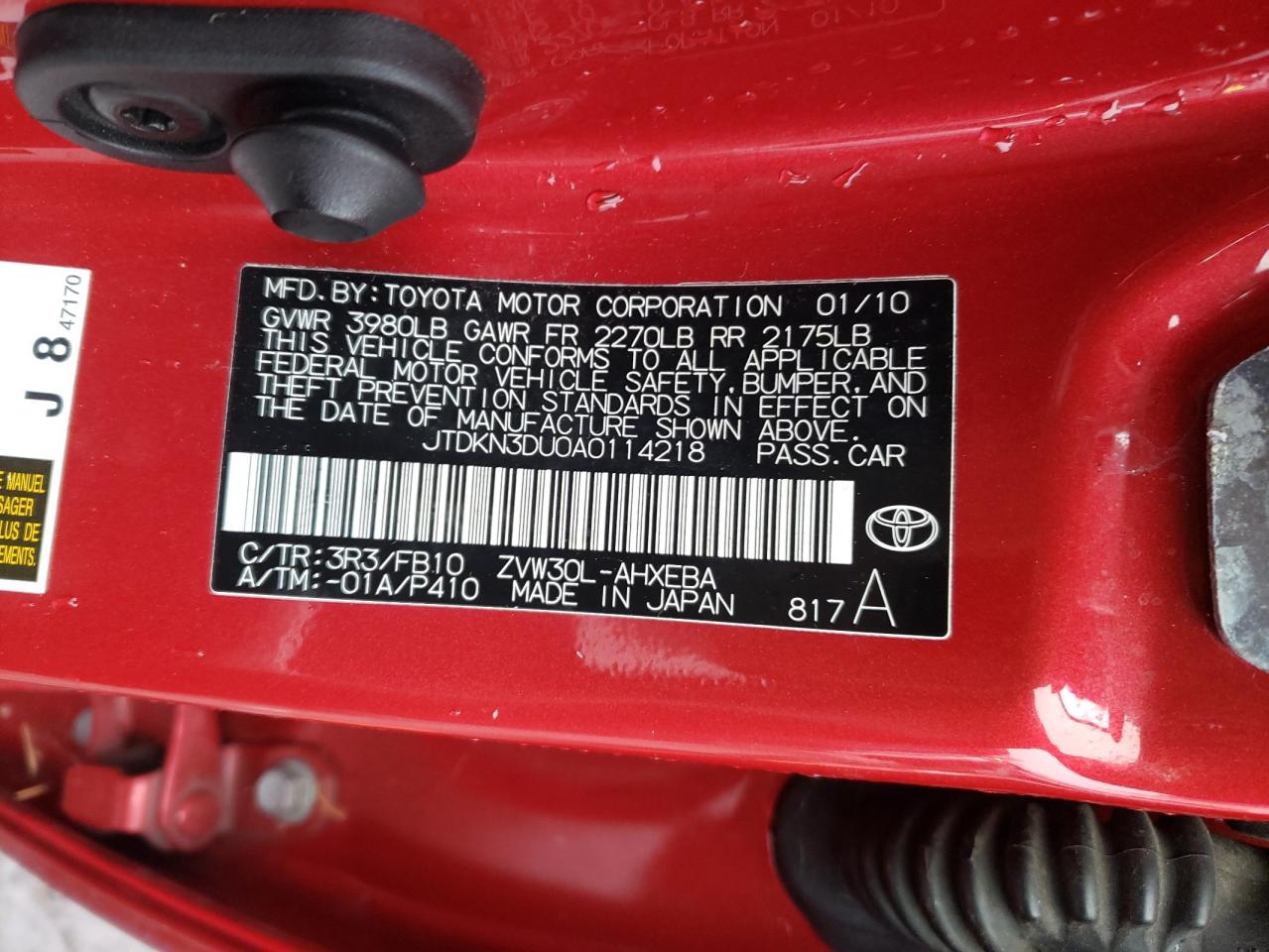 Photo 10 from auction – 2010 TOYOTA PRIUS with VIN JTDKN3DU0A0114218