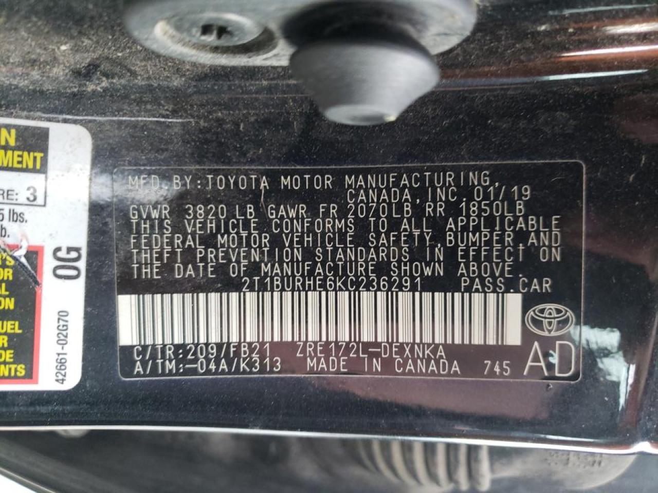 Photo 10 from auction – 2019 TOYOTA COROLLA L with VIN 2T1BURHE6KC236291