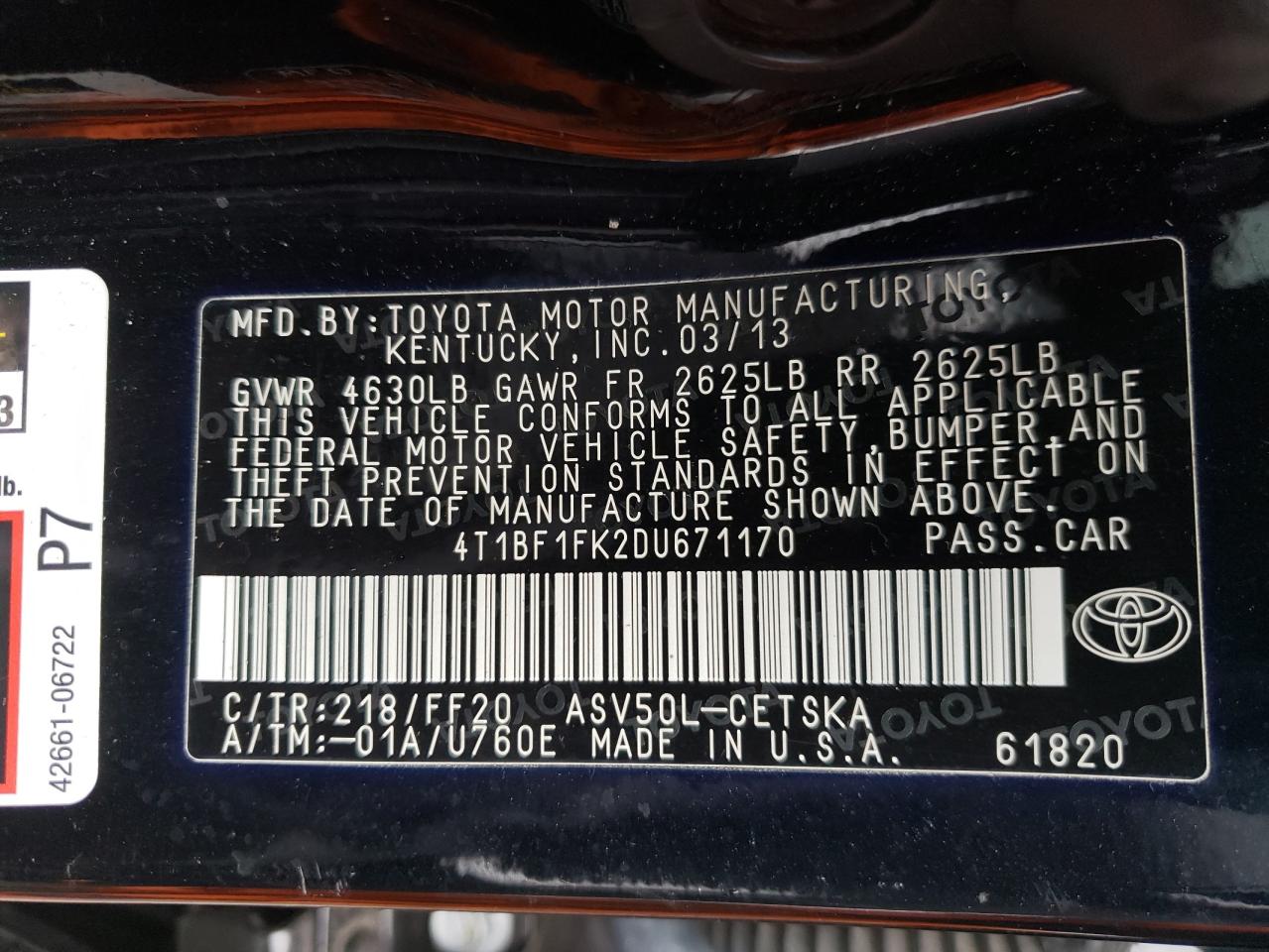 Photo 10 from auction – 2013 TOYOTA CAMRY L with VIN 4T1BF1FK2DU671170