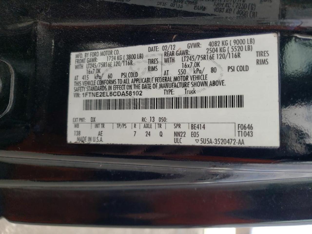 Photo 10 from auction – 2012 FORD ECONOLINE with VIN 1FTNE2EL6CDA58102